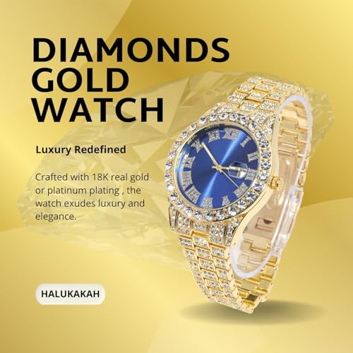 Image of Halukakah Diamonds Gold Watch Iced Out for Boy Teens Kids - 18K Real Gold /Platinum Plated,42mm Blue /Green /Red Dial,Japanese Quartz - 8 inch Length - Optional with Cuban Link Chain,with Watch Adjuster Tool