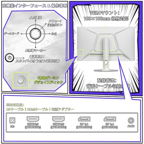 undefined Amzfast 25インチ 320Hz ゲーミングモニター白 Fast IPS (1msMPRT /sRGB118%/320cd/m²) /Adaptive Sync対応 / HDMI2.0×2 DP1.4×2 低ブルーライト 5年保証 ホワイト AMZG25F6F(HDMI+DP ケーブル付属) の商品画像 7
