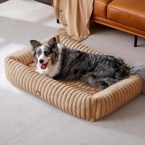 Upvilla Luxusweicher Hundekorb, Super Weiches Hundebett mittelgroße Hunde, 4- seitiges Nackenkissen, Abnehmbare Waschbare Hundematte, Hundesofa mit Griffen, Haustierbett (Beige, 76 * 61 * 20