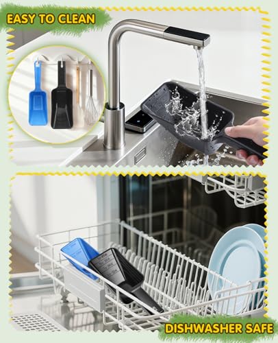 GNEOCO 2 Pack Dog Food Scoop with 1 Cup and 2 Cup Capacity, Plastic Pet Food Measuring Scoops with Clear Measurement Lines for Dogs, Cats & More,Dishwasher safe (Blue and Black)