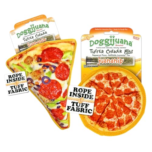 Image of Doggijuana Supreme & Pepperoni Pizza Dog Toy Bundle | 2 Pack, Squeaky | Refillable squeaky plush dog toy + organic calming catnip; eases anxiety, stress & storms; drug-free, hand-harvested