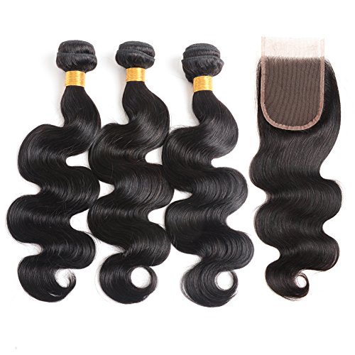 Brazilian Body Wave Hair 3 Bundles with Closure 14 16 18+12 inch 100% Human Hair Weft Unprocessed Virgin Human Hair Weave with Lace Closure Middle part with Baby hair Natural Black