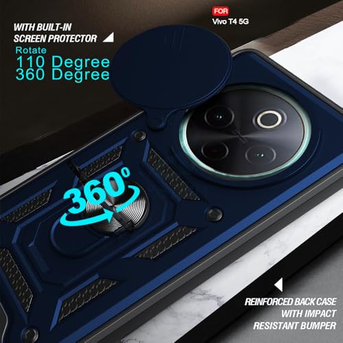 Image of AESTMO Tough Armor Vivo T4 5G / iQOO Z10 5G Bumper Back Case Cover | Ring Holder & Sliding Camera Shield Cover | 360 Degree Protection Back Case Cover for Vivo T4 5G / iQOO Z10 5G (Blue)