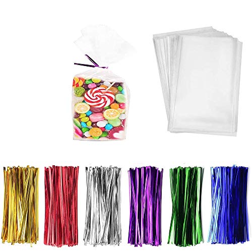 LiyuanQ 300 transparente Süßigkeitentüten, Zellophanbeutel, 10.2 x 15.2 cm, Keksbeutel mit 6 verschiedenen Farben, Spiralbindungen - 1.4 mm dick, OPP-Kunststofftüten für Hochzeit, Süßigkeiten, Buffet Cover