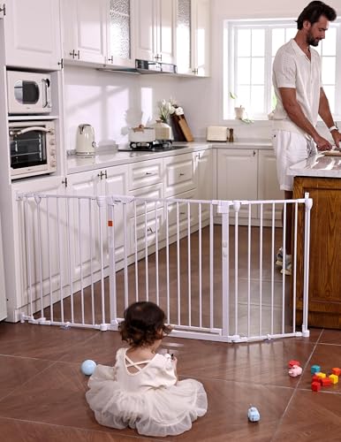 Babelio 72 Extra Wide Baby Gate 30 Tall Auto Close Dog Fence for Stairs Kitchen Doorways Fireplace Hardware Mounted Pet Gate Indoor Foldable 3 Metal Panels AdaptiZone Series White