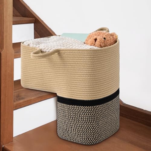 Image of Stair Basket for Wooden & Carpeted Stairs, Foldable Cotton Rope Step Basket with Handles, Staircase Storage Organizer, Brown&Black, 15 inch Lx 10 inch W x 15 inch H