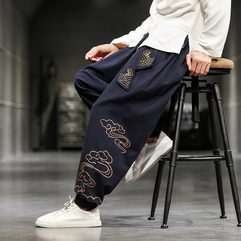 Men's Wied Leg Pants Cotton Linen Casual Trousers Male Embroidery Men Jogging Sweatpants Streetwear3