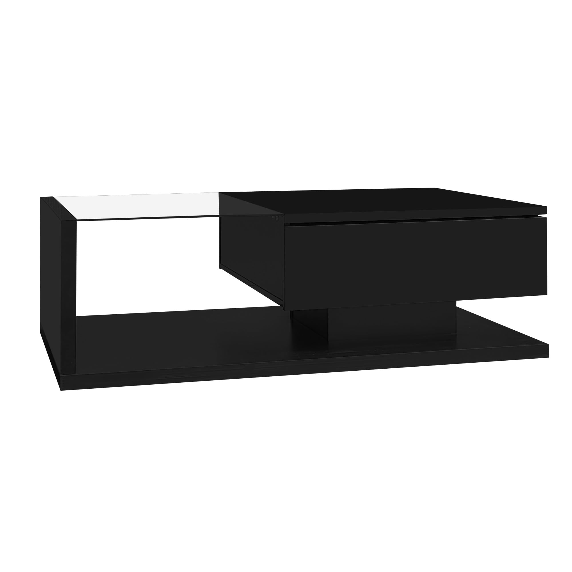 Mesa de centro con iluminación LED, 105 x 55 cm, color negro brillante, moderna mesa de salón con placa de cristal, compartimento de almacenamiento y luz LED RGB, elegante mesa auxiliar para