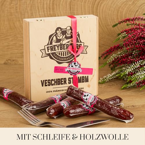 Salami Wurst Sticks in Holzkiste vom Metzgerweltmeister Freyberger in Geschenk-Box | Nürnberger Wurst & Fleisch Geschenkideen | lustiges Geschenk | Wurstsnack aus regionalem Fleisch