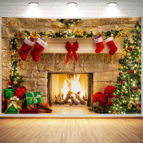 Haboke 10x8ft Christmas Fireplace Theme Backdrop...