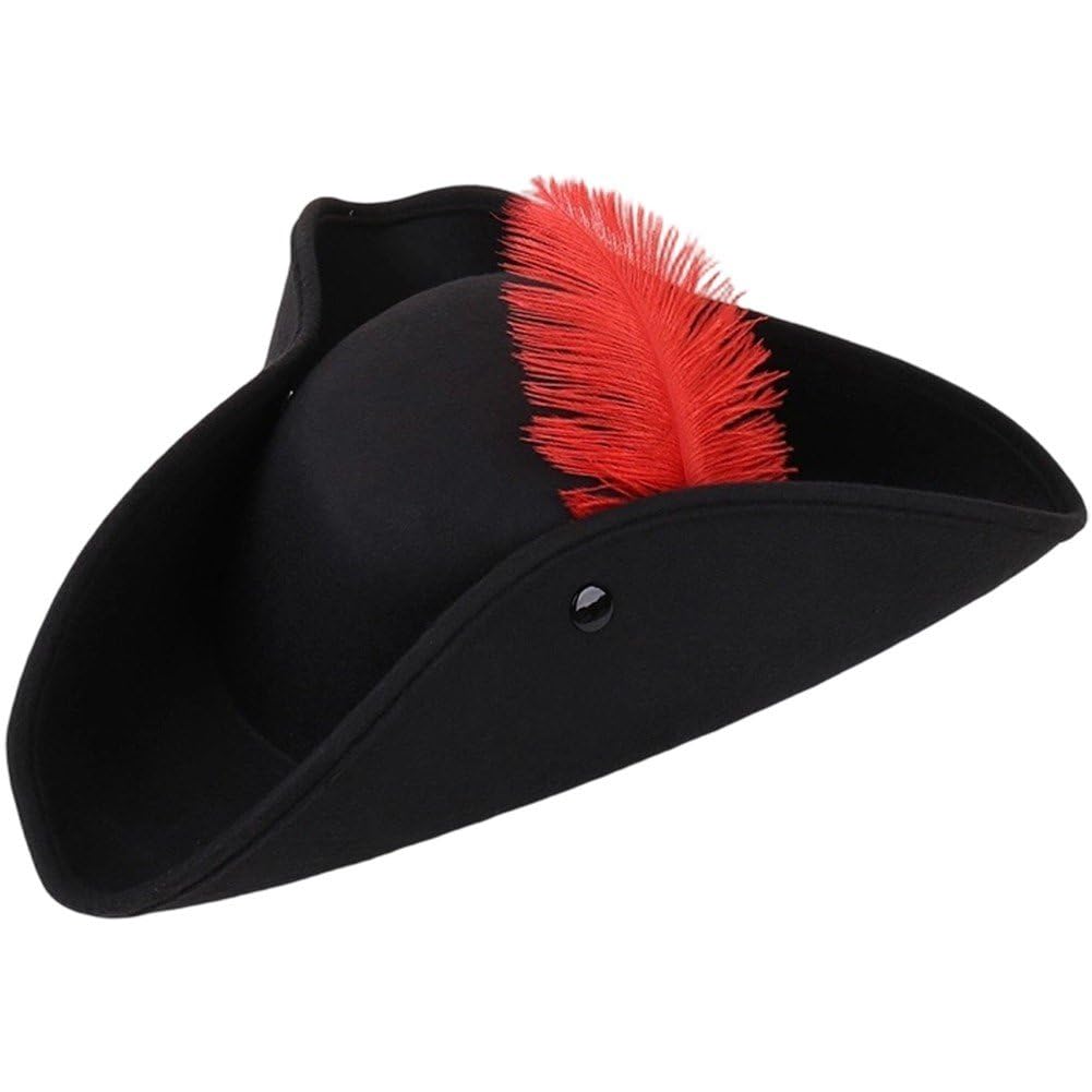 Sslvya Feather Pirate Hat for Adult, Medieval Tricorn Costume Hat for Women Men, Colonial Style Hat for Hallowen Cosplay Dressup