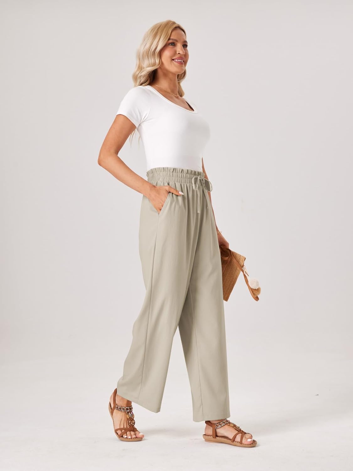 Womens Palazzo Pants Wide Leg High Waist Flowy 2026 Casual Summer Linen Beach Loose Comfy Boho Pants with Pockets - Image 3