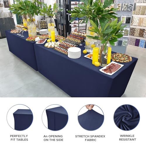 Image of Rectangle Spandex Fitted Tablecloths For Vendor 2 Pcs 72X30 Inch Navy | Wrinkle Resistant Table Covers Protector for 6 Foot Folding Table, Vendor Booths, Parties, Craft Show, Trade Show