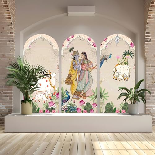Image of Ridit Creation Radha Krishna Wall Poster | Cow Peacock Lotus Traditional Design | 3 Piece Arch Shape Wall Decor Poster for Home Decoration