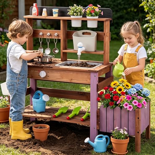 HONEY JOY Mud Kitchen with Planter Box and Running Water Fir Wood Kids Potting Bench Mud Table Water Tank & Gardening Tools Set Sensory Outdoor Play Kitchen for Toddler Girls Boys(Purple)