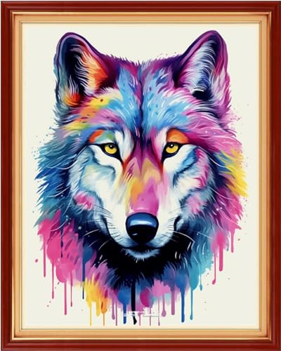 Image of Joyhoor Cross Stitch Kits for Beginners Stamped Cross-Stitch Supplies Needlework preprint Embroidery Kits for Adults DIY Needlepoint Kits Embroidery Patterns 11CT-Rainbow Wolf 16x20 inchs