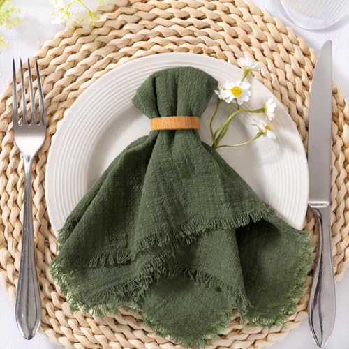 Image of MLMC 10 Pack Olive Green Cloth Napkins with Fringe Boho Linen Napkins Washable Reusable Rustic Dinner Table Decor 17 inchx17 inch for Wedding Party Picnic Gathering Decor