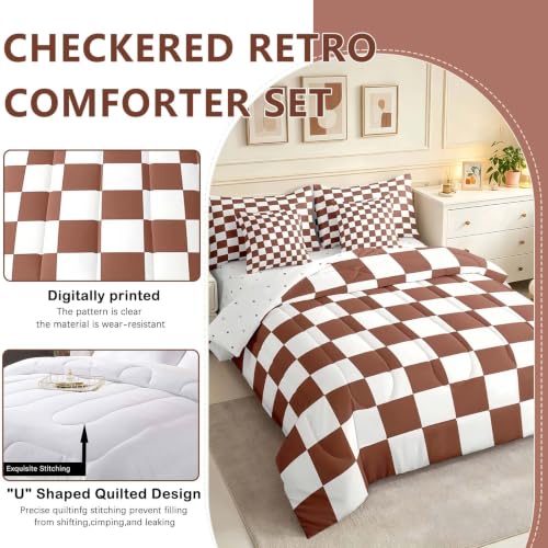 Image of Feelyou Checkered 7 Piece Bedding Set Teen Coffee Brown White Plaid Comforter Set with Sheets Twin Size Kids Boys Cute Retro Neutral Checkerboard Geometric Bed in a Bag Vintage Aesthetic Room Decor