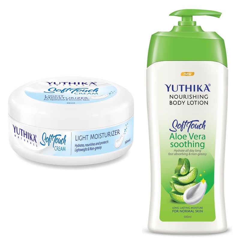 Image of Yuthika Aloe Vera Body Lotion 500ml with Moisturizer Cream 50ml, Nourishing Body Lotion and Winter Cream for Face, Hand, Body, Dry Skin, Instant Hydration, Non Greasy Formula