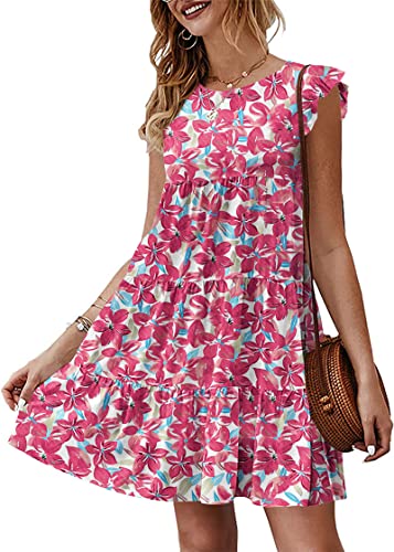 Image of KIRUNDO Summer Dresses for Women Sundress Sleeveless Ruffle Sleeve Round Neck Loose Short Flowy Pleated Mini Babydoll Dress