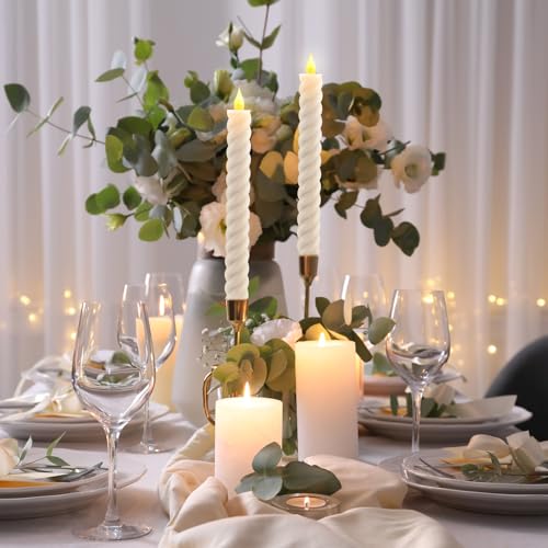 Image of Baquler 6 Pcs White Flameless Taper Candle Twisted LED 9.65 Inch Spiral Taper Candles Battery Operated Twisted Candlesticks for Spring Wedding Birthday Home Party Holiday Dinner Fireplace