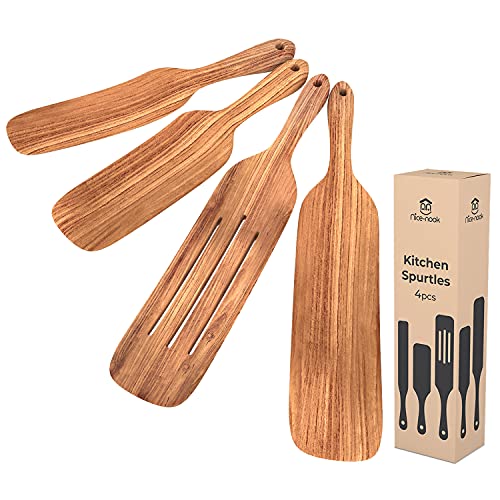 Spurtles kitchen tools As Seen On TV, Nice-Nook spurtle set of 4 - Wooden spurtle set utensils 100% healthy hard made with natural teak wood -Heat Resistant For Stirring, Mixing, Serving. Great gift