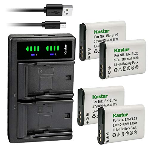 Kastar 4-Pack EN-EL23 Battery and LTD2 USB Charger for Nikon EN-EL23, MH-67, Coolpix P900, P900s, S810c Camera (4.2V, 800mA)