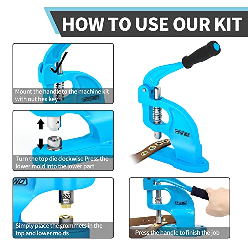 Heavy Duty Eyelet Grommet Machine Press Punch Tool Kit with 3 Dies & 900 Pcs Grommets, Self Piercing, Labor Saving, Corsetry Class Recommended