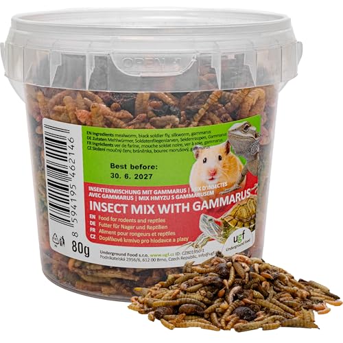 UGF - Miscela di insetti con Gammarus - 80 g in un secchio da 500 ml, cibo per ricci, cibo per gerbilli, criceti, ratti, mlucertole - vermi della farina, larve di mosca soldato nera, bachi da seta