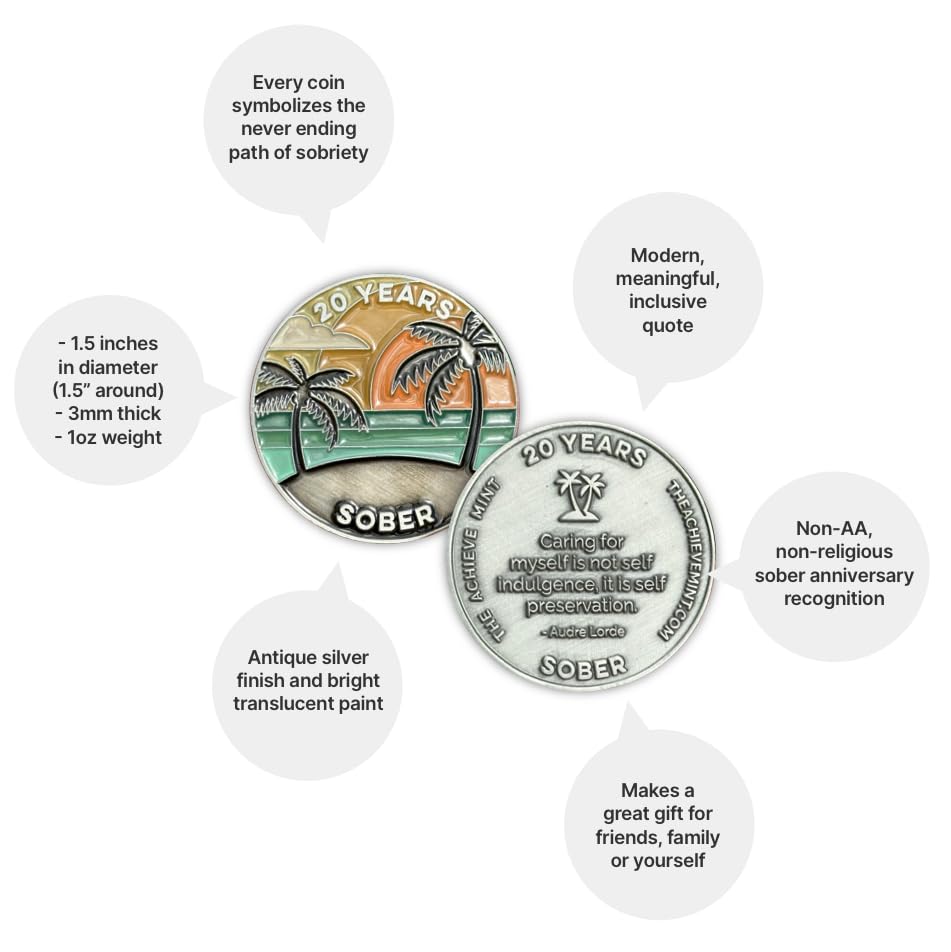 Image of The Achieve Mint 20 Years Sober Token | Twenty Years Sober Chip | Non-AA Gift, Non-Religious Medallions for Men and Women Celebrating Sobriety