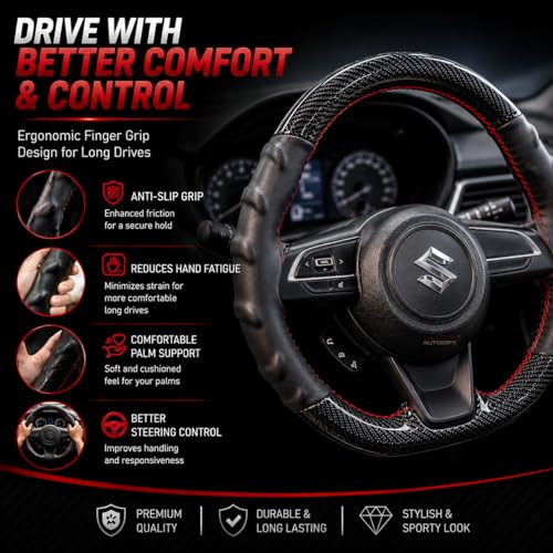 Image of Stitchable Carbon Fiber Steering Wheel Cover for Car - Leather Anti-Slip Grip, Universal Fit, Durable & Breathable Steering Wheel Protector, Easy Hand Stitch Install (Black with Red Stitch)
