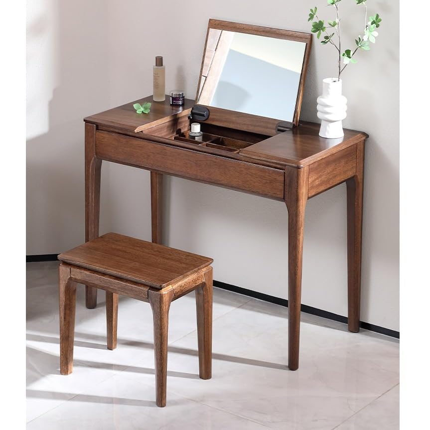 AOTPA Kosmetikspiegel mit Lichtern und Tischset Schminktisch aus Holz for Zuhause, Schlafzimmer, Computertisch, Klapp-Schminktisch Teenie-Waschtisch mit Spiegel und Hocker