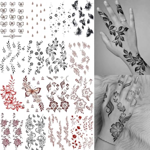Image of Bilizar 16 Sheets Chic Flower Leaf Temporary Tattoos For Women Finger Hand Tattoo Sticker Body Art Decals, Realistic Floral Vine Leaves Fake Tattoos Waterproof Butterfly Plum Temp Tatoos Long Lasting