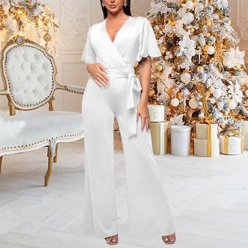 Image of PaladMom Womens Elegant Plus Size Jumpsuits Sexy Back zipper Short Sleeve Mid Waist Wide Leg Straight Rompers