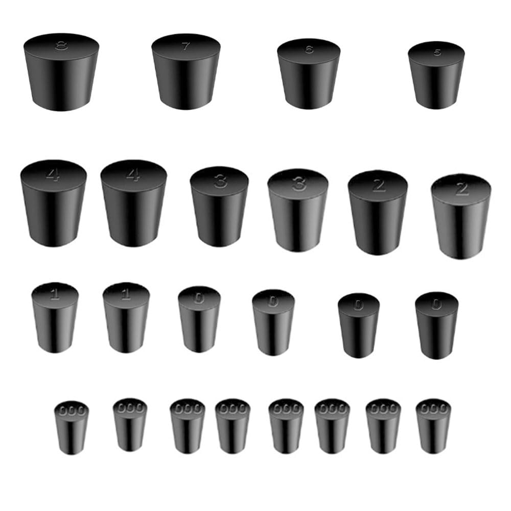 24Pcs Solid Rubber Stoppers 000# - 8# Tapered Lab Bungs Solid Rubber Stoppers 11 Assorted Sizes
