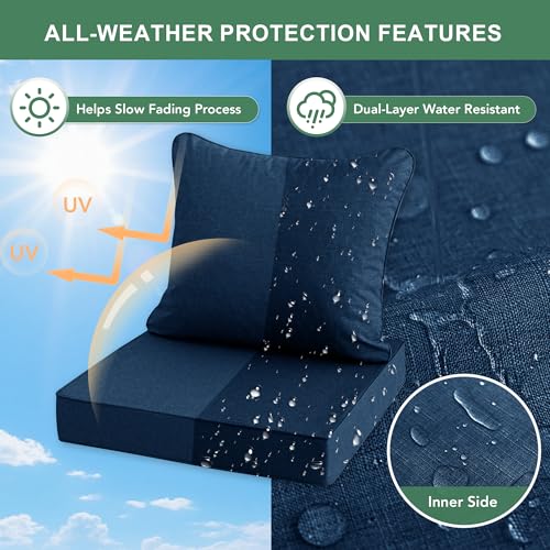 Image of Summsun Outdoor Chair Cushions, Faux Linen Backrest and Deep Seat Cushion Set for Patio Furniture with Weather Resistant Removable Cover, Ties, Non-Slip Bottom, 24 x 24 Inch, Navy, Set of 2