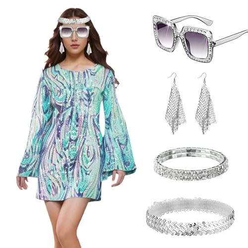MeYuxg Disfraz Disco Mujer, Disfraz Hippie para Mujer de Los Años 70, Disfraces Mujer Lentejuelas y Complementos de Moda, Disfraces Vestido Carnaval, Fiestas Temáticas - XL