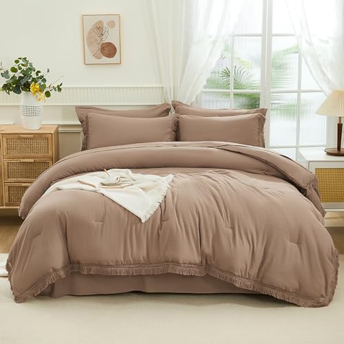 Image of Andency Taupe Full Size Comforter Set with Sheets - 7 Pieces Boho Tassel Bed in a Bag Soft Lightweight Bedding Sets, Taupe Fringe Bed Set with Comforter, Sheets, Pillowcases & Shams