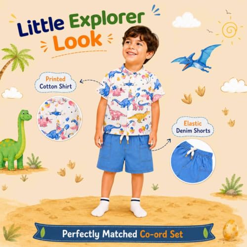 Image of Googo Gaaga Baby Boys Half Sleeve Dinosaur Printed Cotton Shirt with Shorts Clothing Set for Kids