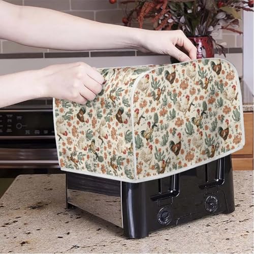 Image of Talayituse Rooster Chicken Cactus Flower Print Toaster Cover 2 Slice Wide Slot, Lightweight Bread Maker Cover Dust Protection Washable Appliance Bag, S
