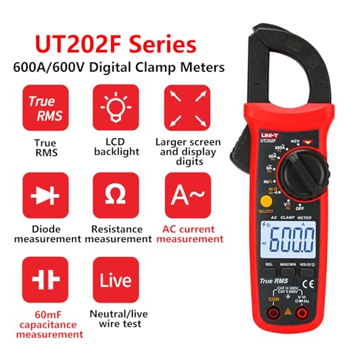 UNI-T UT202F Digital Clamp Meter 6000 Counts Auto Range True RMS Backlight NCV Multimeter, Red - Image 2