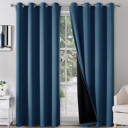 100% Blackout Curtains 2 Panels - Completely Blackout Window Drapes Thermal Insulate Double Layer with Black Liner for Bedroom, Grommet Top (52 by 84 inches, Stone Blue)