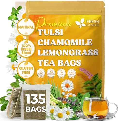 Image of FreshDrinkUS, Premium 135 Tea Bags Tulsi Chamomile Lemongrass Herbal Tea | Blend with Holy Basil, Chamomile Flowers & Lemongrass Leaves - Naturally Caffeine-Free, Soothing Herbal Infusion. Vegan