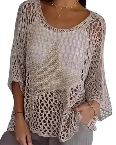 Image of CORIRESHA Women's Summer Star Crochet Sweater Scoop Neck 3 /4 Sleeves Hollow Out Knit Beach Cover Up