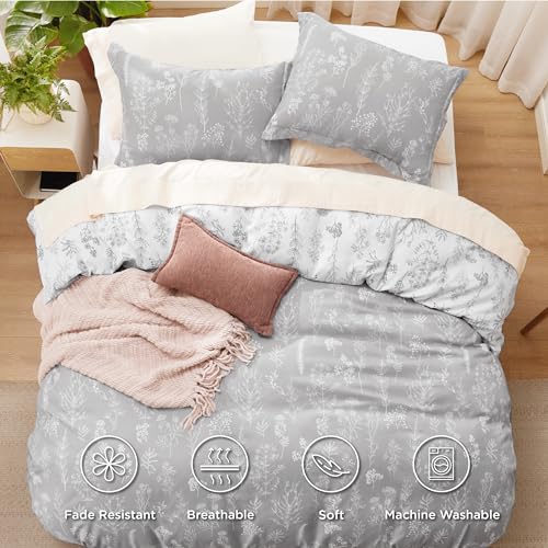 Image of Bedsure Duvet Cover Queen Size - Reversible Grey Queen Duvet Cover Set with Zipper Closure, 3 Pieces Botanical Floral Patterned Bedding Set with 8 Corner Ties and 2 Pillow Shams