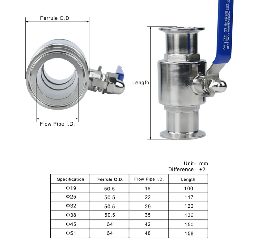 19/25/38/51mm, Válvula de Esfera Sanitaria Acero Inoxidable 304 - Tri Clamp - 1 PC, Higiénica para Cerveza Casera, Alimentos, Lácteos & Aplicaciones Pharma(51mm x Ferrule 64)