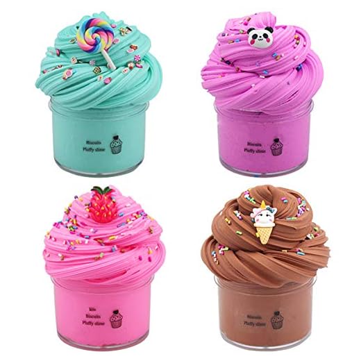 Slem Slime Barn Putty leksak presenter, BESTZY 4 st 100 ml Floam Slem för att göra själv med 4 färger fluffig slem slim, skumbollar, frukt ansikte dekoration