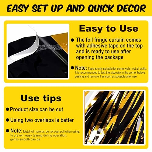 Image of 3 Pack Black and Gold Foil Fringe Curtains Backdrop, 3.28 x 9.8 Ft Metallic Streamers Tinsel Curtains Background for Photo Booth, Birthday, Halloween, Christmas, New Year Party Decorations