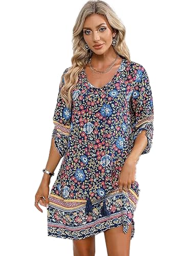 CCAIPU Mujeres Vestidos de Verano Casual Bohemio Floral Patrón 3/4 Mangas Vestidos Corta Vintage Túnica Vestidos (FR/ES, Letras, XL, Regular, Regular, Azul Oscuro)