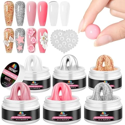 EBANKU Solid Builder Gel for Nail- 6 Colors Gold Hard Gel for Nails Extension Non-Sticky Long-Lasting Solid Gel Kit with 3D Silicone Mold for Valentine Carving Nail Art Salon Home Use Cover